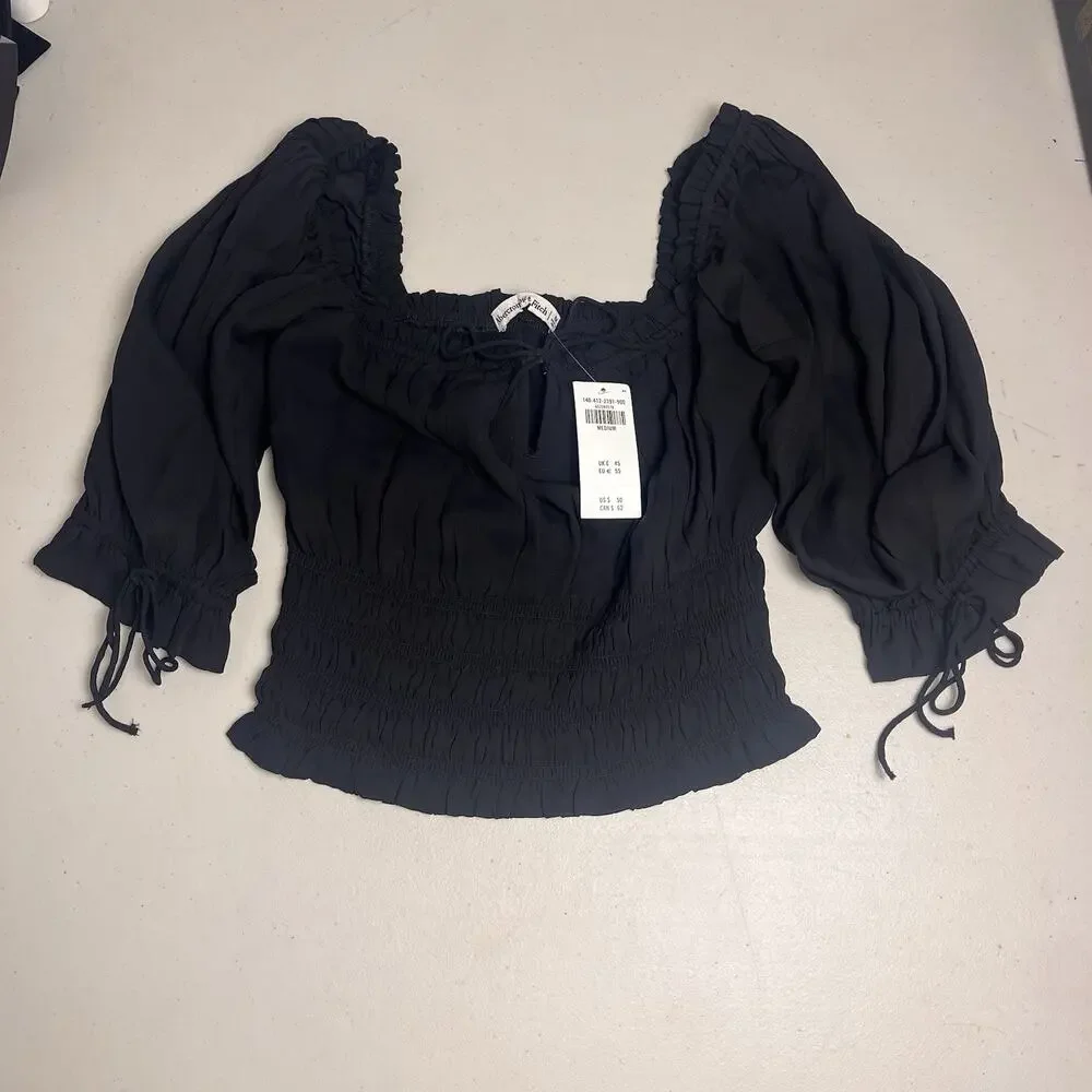 Abercrombie & Fitch Womens Medium Smocked Peasant Top Puff Sleeve Black Y2K Boho
